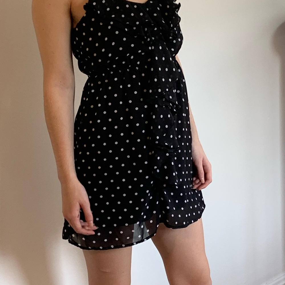 ♥️Black polka dot mini dress with ruffled front